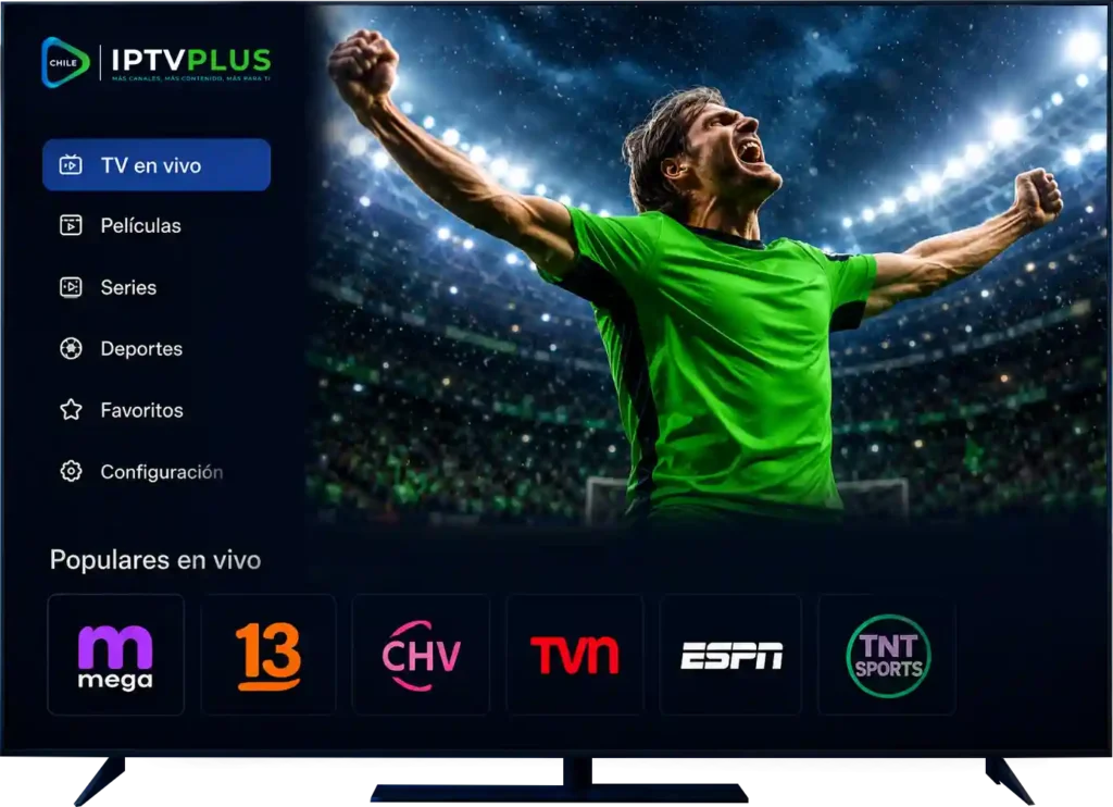 Smart TV mostrando la interfaz de IPTV Plus con televisión en vivo, películas y series